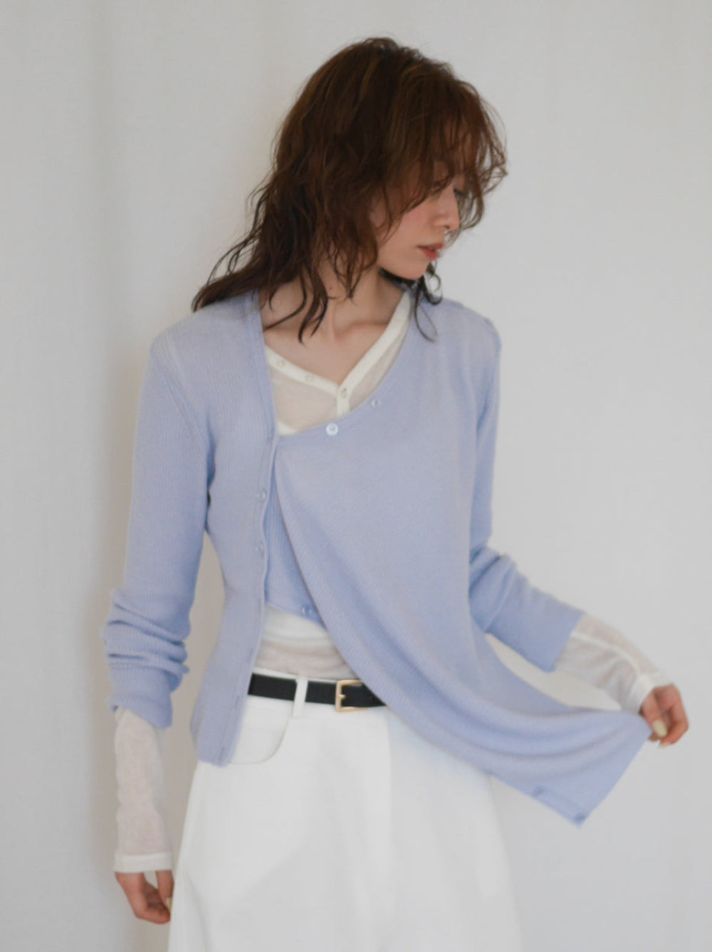 Asymmetric button-down リブカーディガン