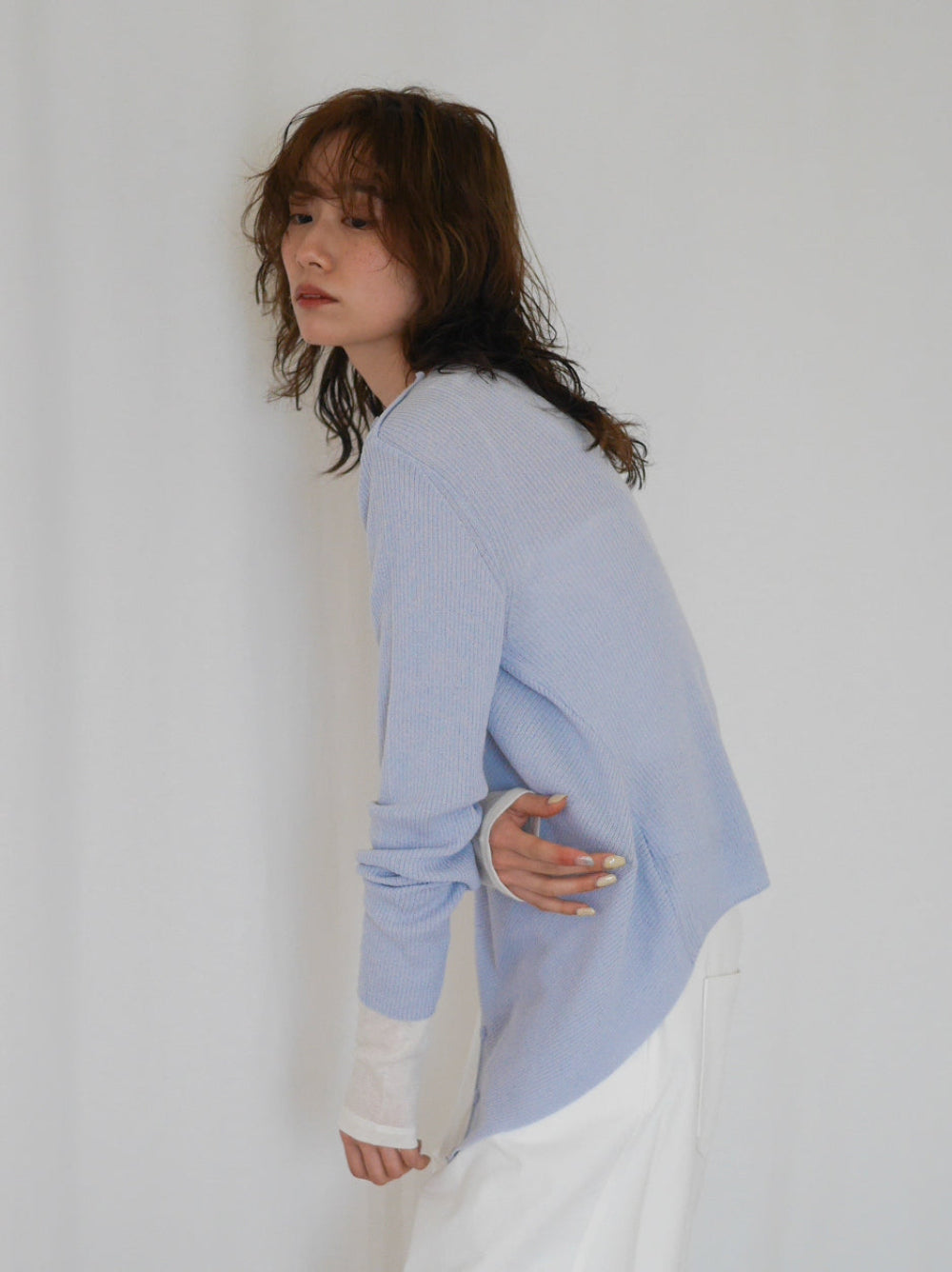Asymmetric button-down リブカーディガン
