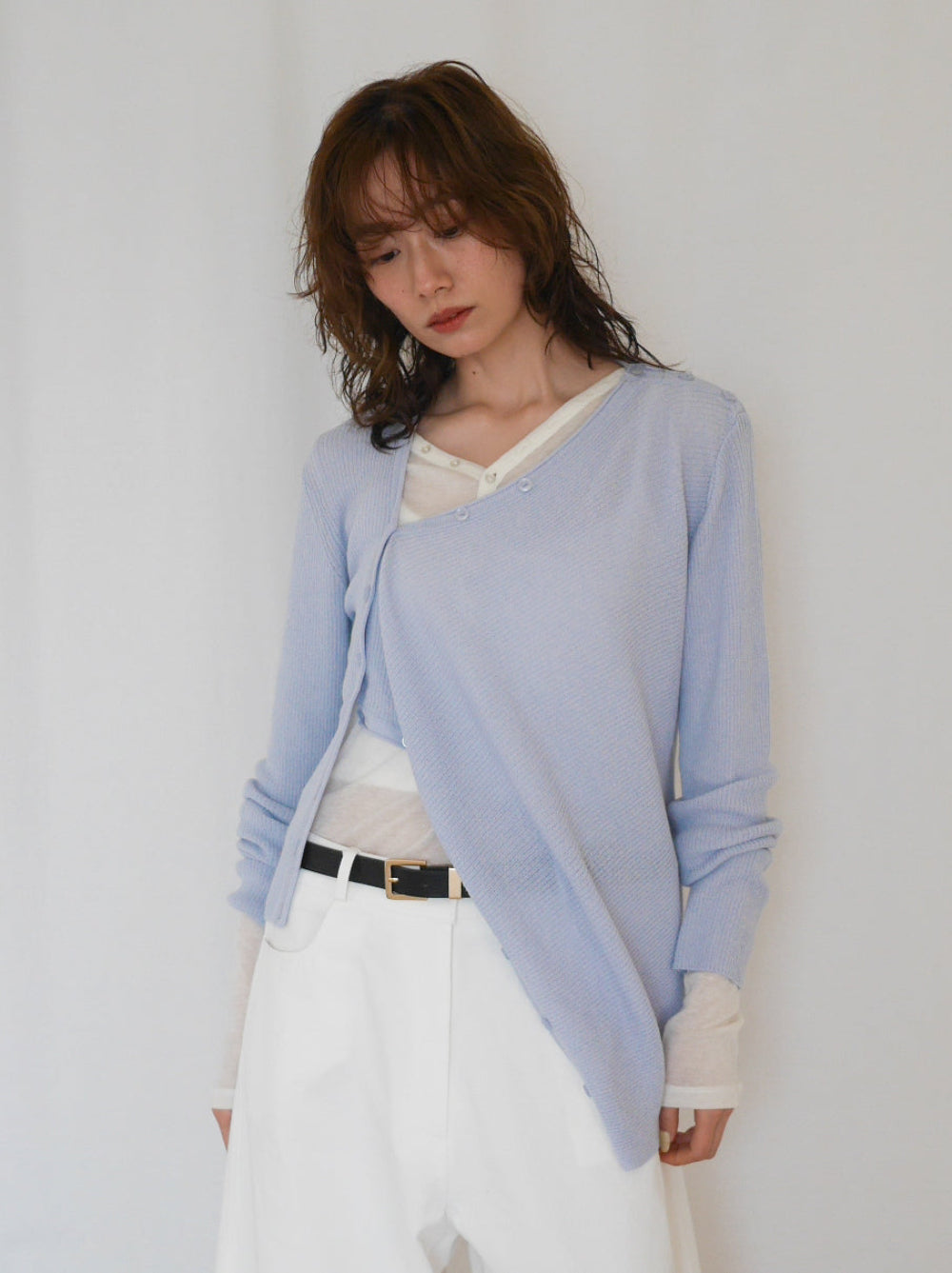Asymmetric button-down リブカーディガン
